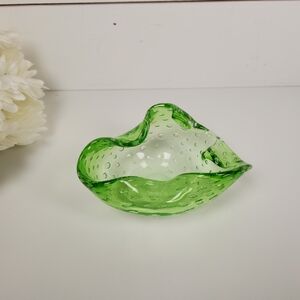 VTG Mid Century Murano Style Green Controlled Bubble Glass Candy Dish Ashtray